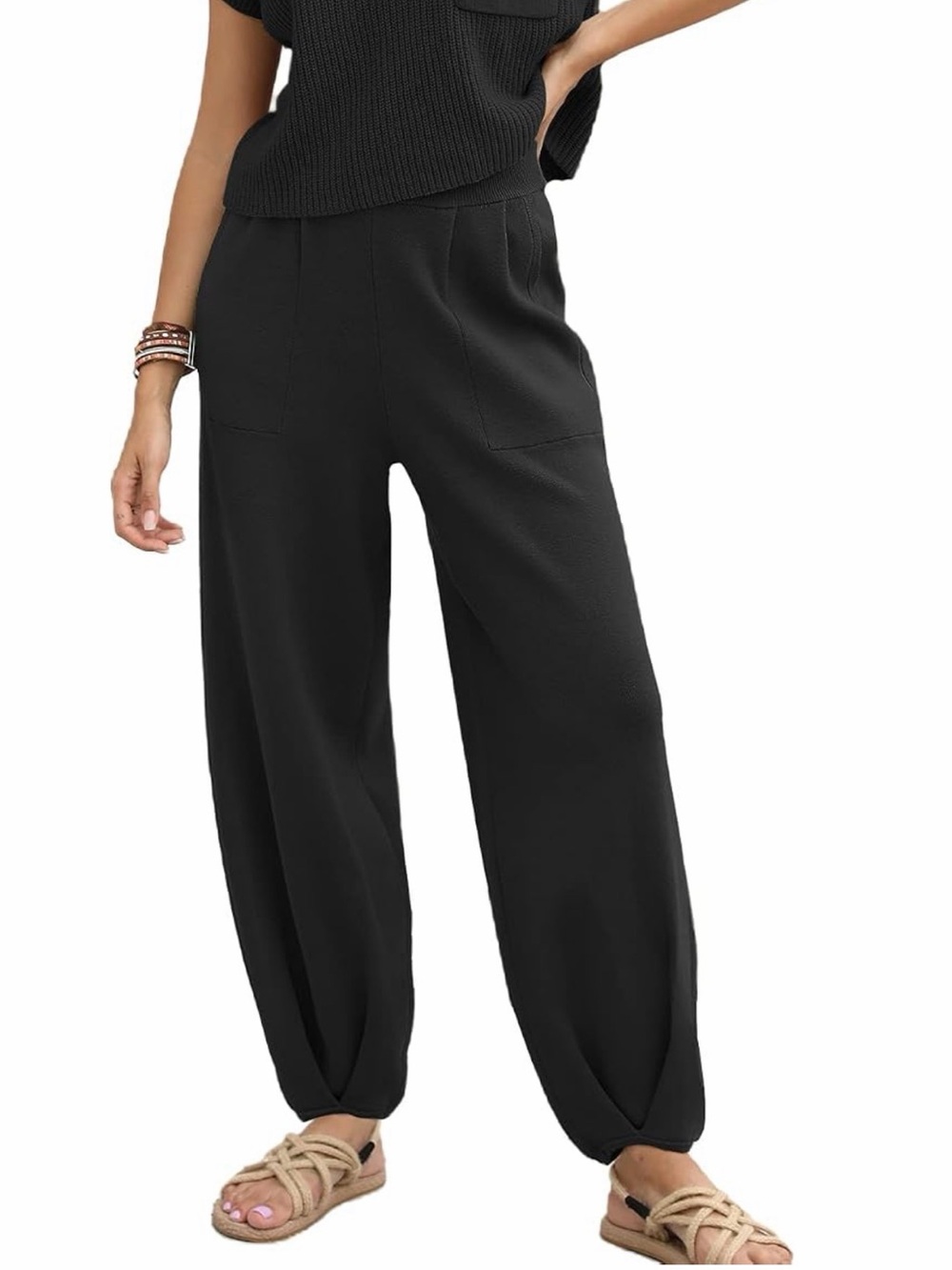 Freya Black Sweater Knit Wide-Leg Pull-On Jogger Pants Size L